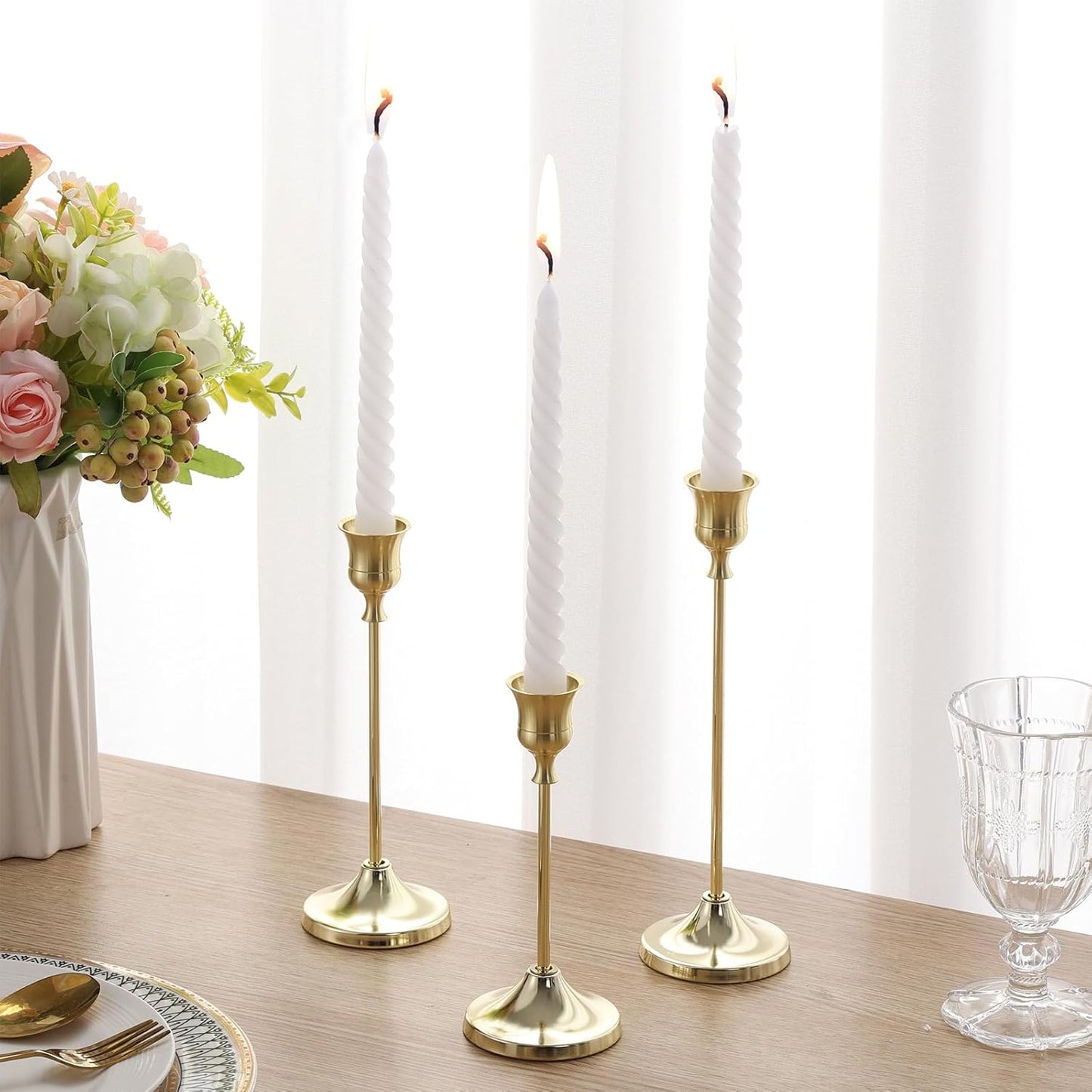 Candlestick Holders 4 Sets(12 Pcs), Brass Gold Candle Holders with Anti-Slip Pad, Metal Taper Candle Holder, Candle Holder for Wedding Fireplace Mantel Housewarming Gift
