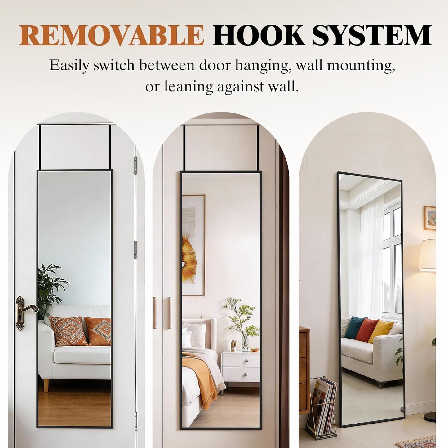 DUMOS Arched Full Length Mirror with Stand 64"x21" Floor Standing Aluminum Frame for Bedroom Body Hanging Leaning Modern Simple Home Decor Shatter-proorf Nano Glass Wall Living Room Cloakroom Black