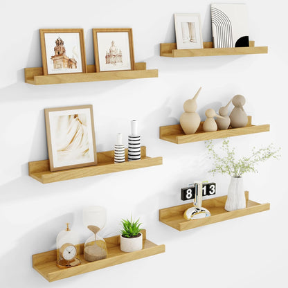 Acovy Picture Ledge Shelf Set of 6, 48 inch Long Large Floating Shelves for Wall with Lip, Wall Mounted Shelves for Living Room, Bedroom, Bathroom, Kitchen, Nursery,Oak