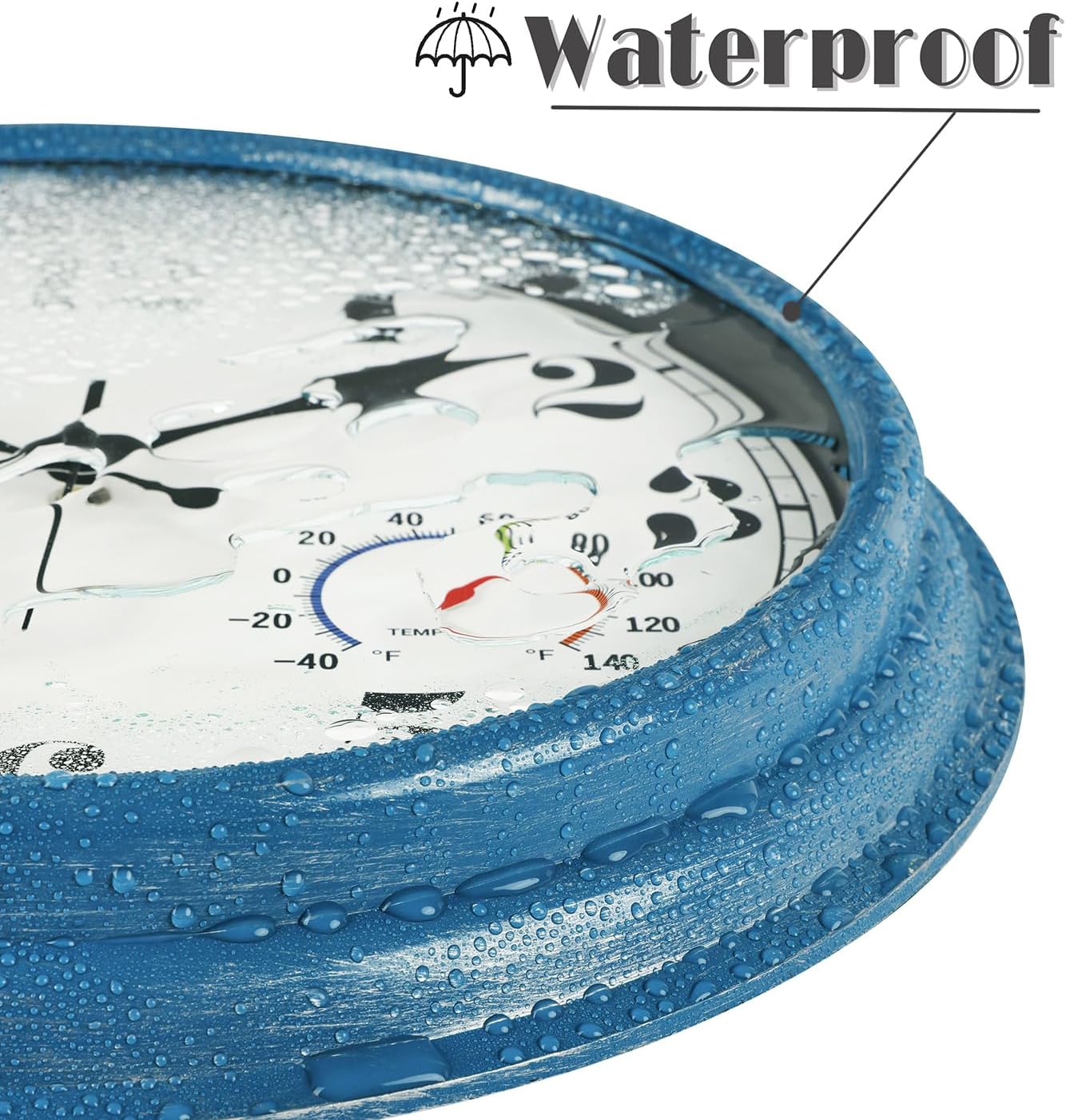 JENLYSTIME 12 Inch Indoor/Outdoor Retro Waterproof Wall Clock with Thermometer Silent Round Quartz Battery Operated Easy to Read Decorative for Kitchen Patio,Bathroom,Deck,Porch,Pool(Blue)