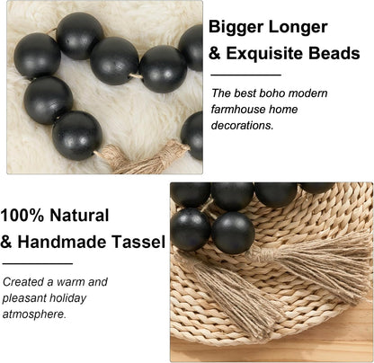 OMISHE Extra Large Wood Bead Garland with 2" Diameter Wooden Beads, 25.5" Long Rustic Farmhouse Decorative Wooden Beads Garland with Tassels, Boho Decorations for Home Table Mantle, Black