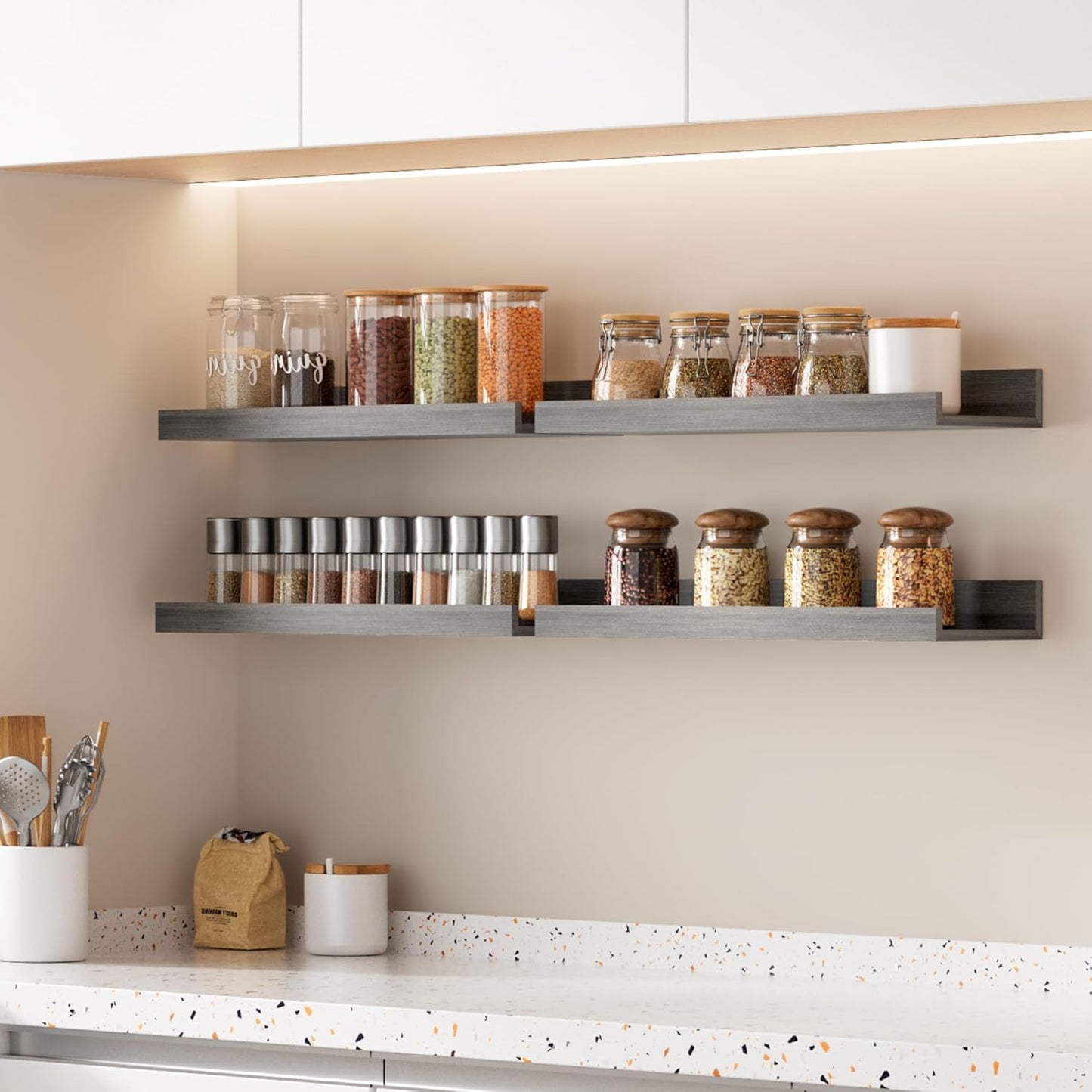 upsimples 6 Pack Wooden Floating Shelves, Wall Storage Decor Shelf for Bathroom, Bedroom, Living Room, Kitchen, Office and Laundry Room, Wall Mounted Display Hanging Shelf, Brown