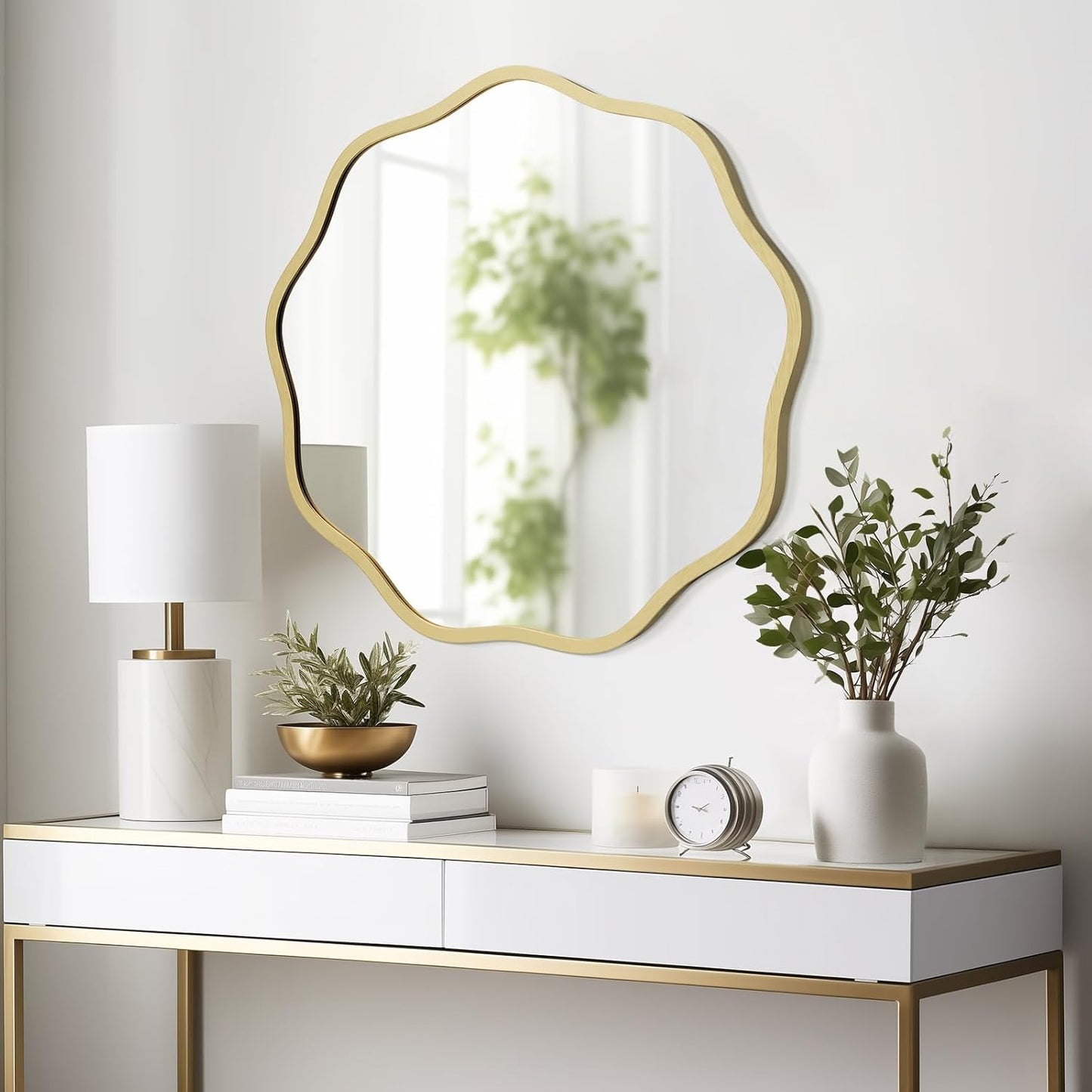 WallBeyond Round Wavy Mirror for Wall Decorative 24 inch, Modern Round Mirror Aluminum Frame for Bathroom Bedroom Living Room Home House Office Entryway, Gold