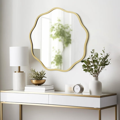 WallBeyond Round Wavy Mirror for Wall Decorative 24 inch, Modern Round Mirror Aluminum Frame for Bathroom Bedroom Living Room Home House Office Entryway, Gold