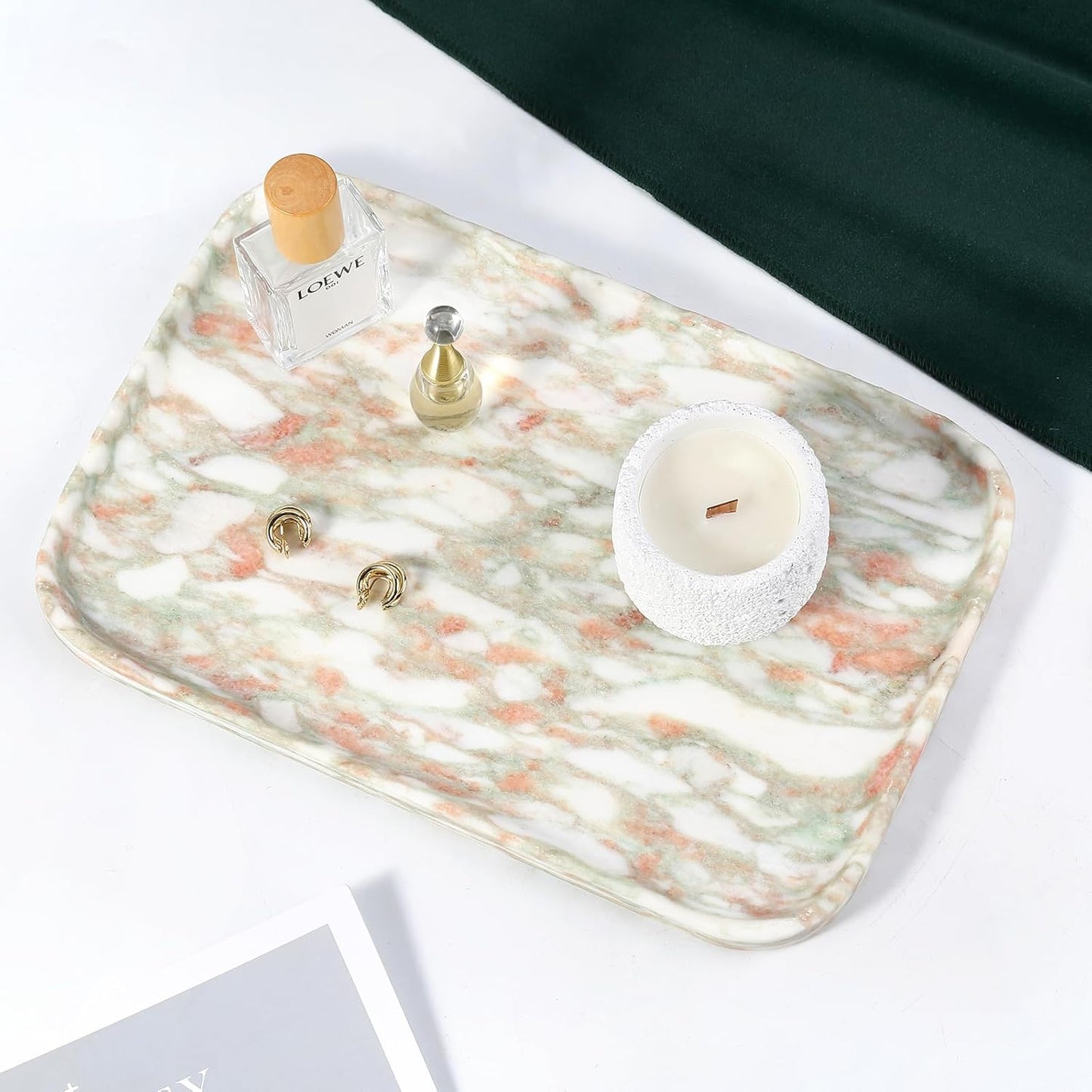 Koville Romano Travertine Tray, 12"x8" Natural Stone Vanity Tray for Countertop Bathroom Kitchen Dresser, Decorative Marble Catchall Trays for Perfume Jewelry, Rectangular Serving Tray(Beige)
