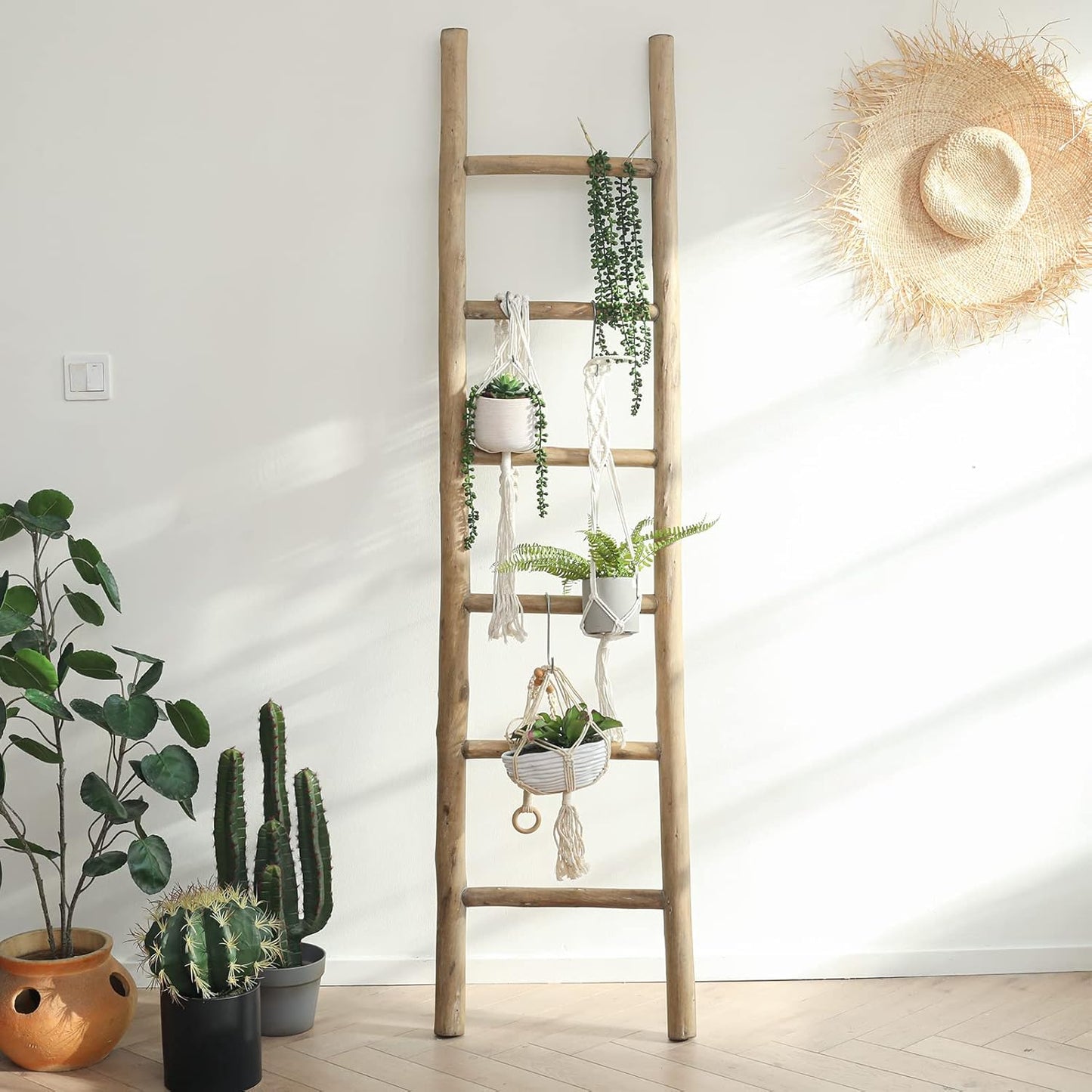 FUIN 57in Wood Blanket Ladder Living Room Decorative Wall Leaning Farmhouse Quilt Display Holder Rustic Wooden Towel Rack for Bathroom, Brown