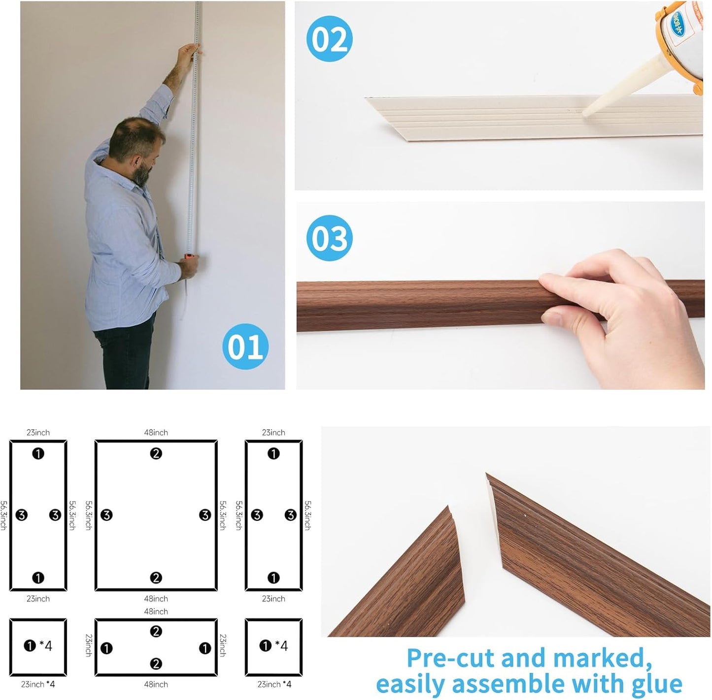 Art3d Pre-Cut Wall Molding Set of 6 pcs, Ready-to-Assemble Wainscoting Panels for Interior Wall Décor Living Room Bedroom Accent Wall - Installed with Glue, 3 Top 3 Bottom