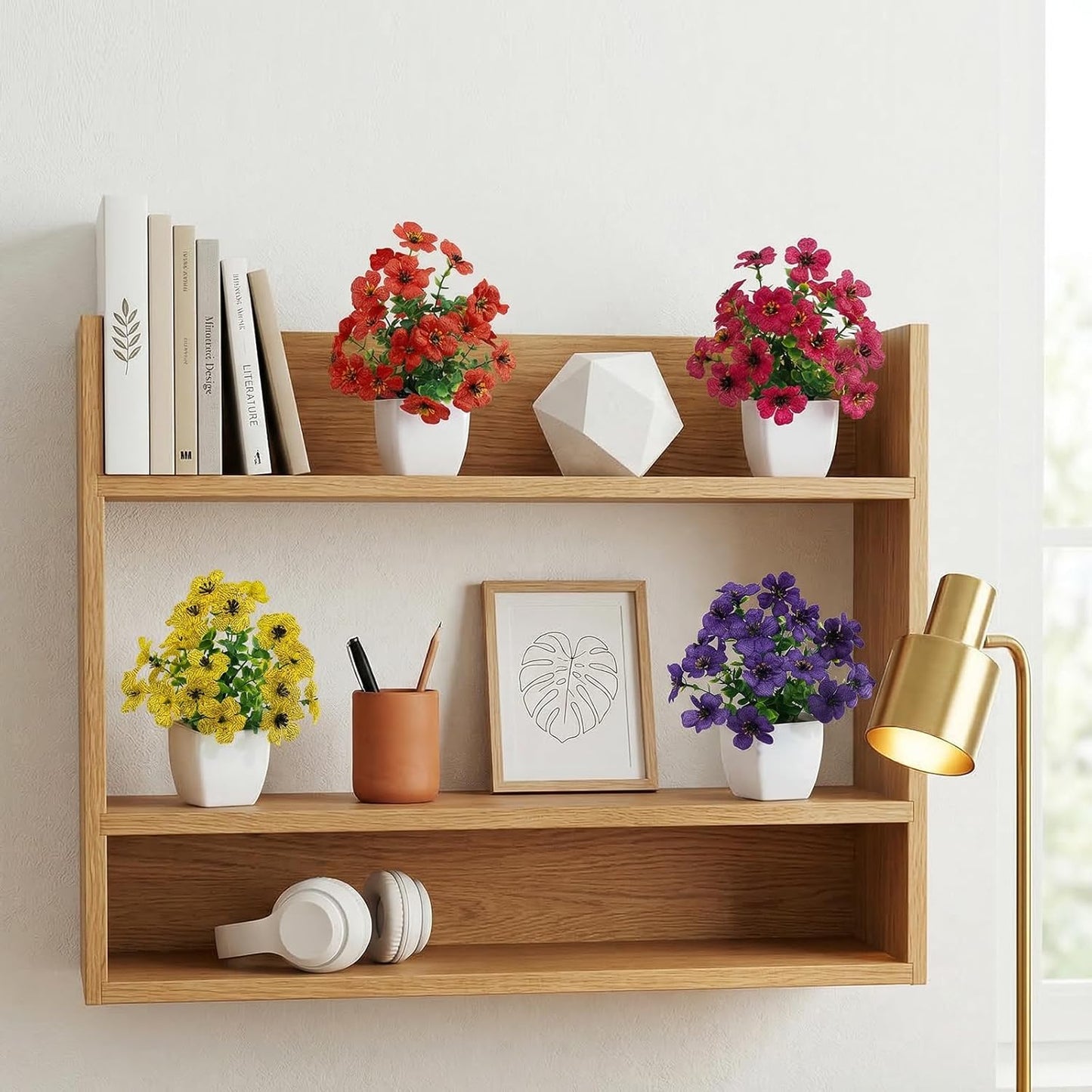 LOYWREE 4 Pack Small Artificial Mums Flowers in White Pots, Fake Mini Potted Plants, Spring Floral Decor for Home Bathroom Shelves Office Desk Table Centerpiece Indoor Decoration