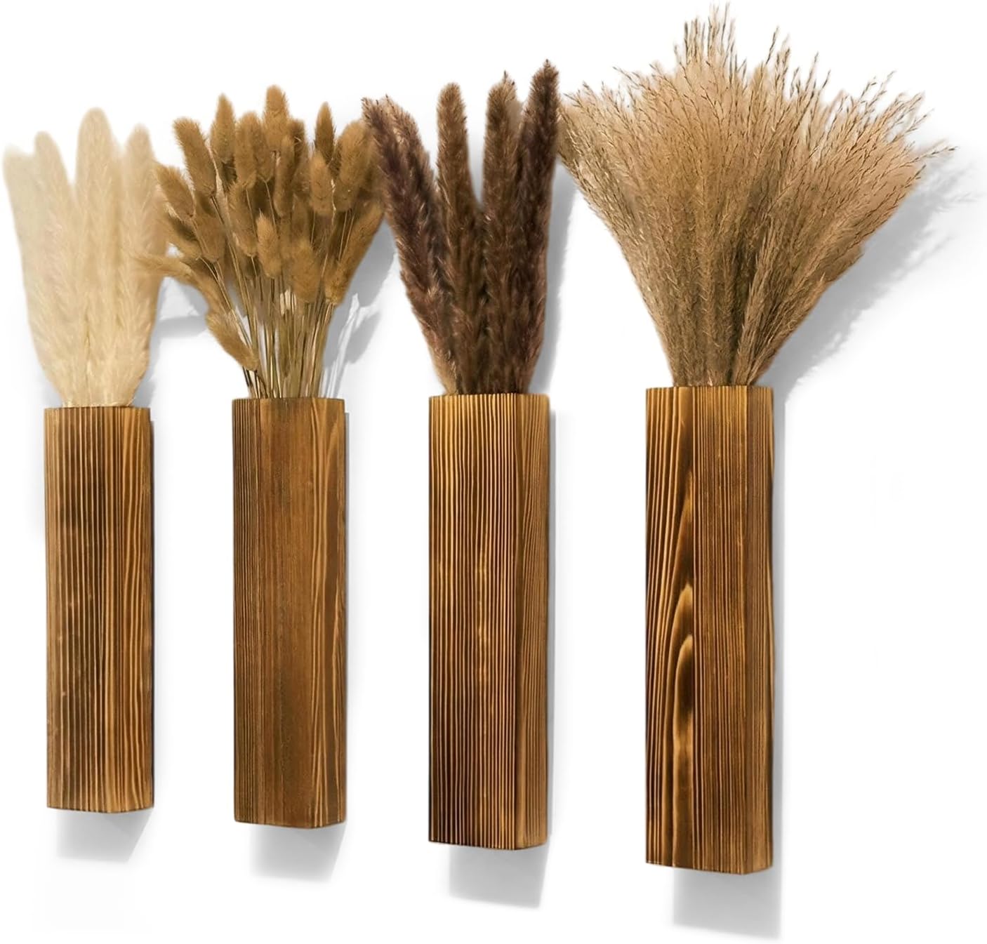 Wooden Wall Planter Set of 4 - Modern Home Decor for Living Room, Bedroom, Bathroom - Walnut Finish Planter for Dried Flowers, Faux Greenery, Indoor Plants