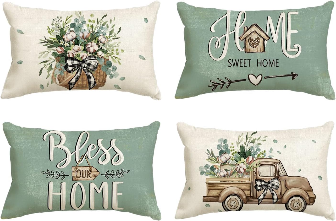 AVOIN colorlife Bless Our Home Farmhouse Eucalyptus Leaves Throw Pillow Covers, 18 x 18 Inch Truck Home Sweet Home Cushion Case Decorations Set of 4
