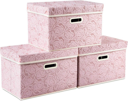 PRANDOM Larger Collapsible Storage Bin with Lid [1-Pack] Fabric Decorative Storage Box Cube Organizer Container Baskes with Handles Divider for Bedroom Closet Living Room Pink 17.7x11.8x11.8 Inch