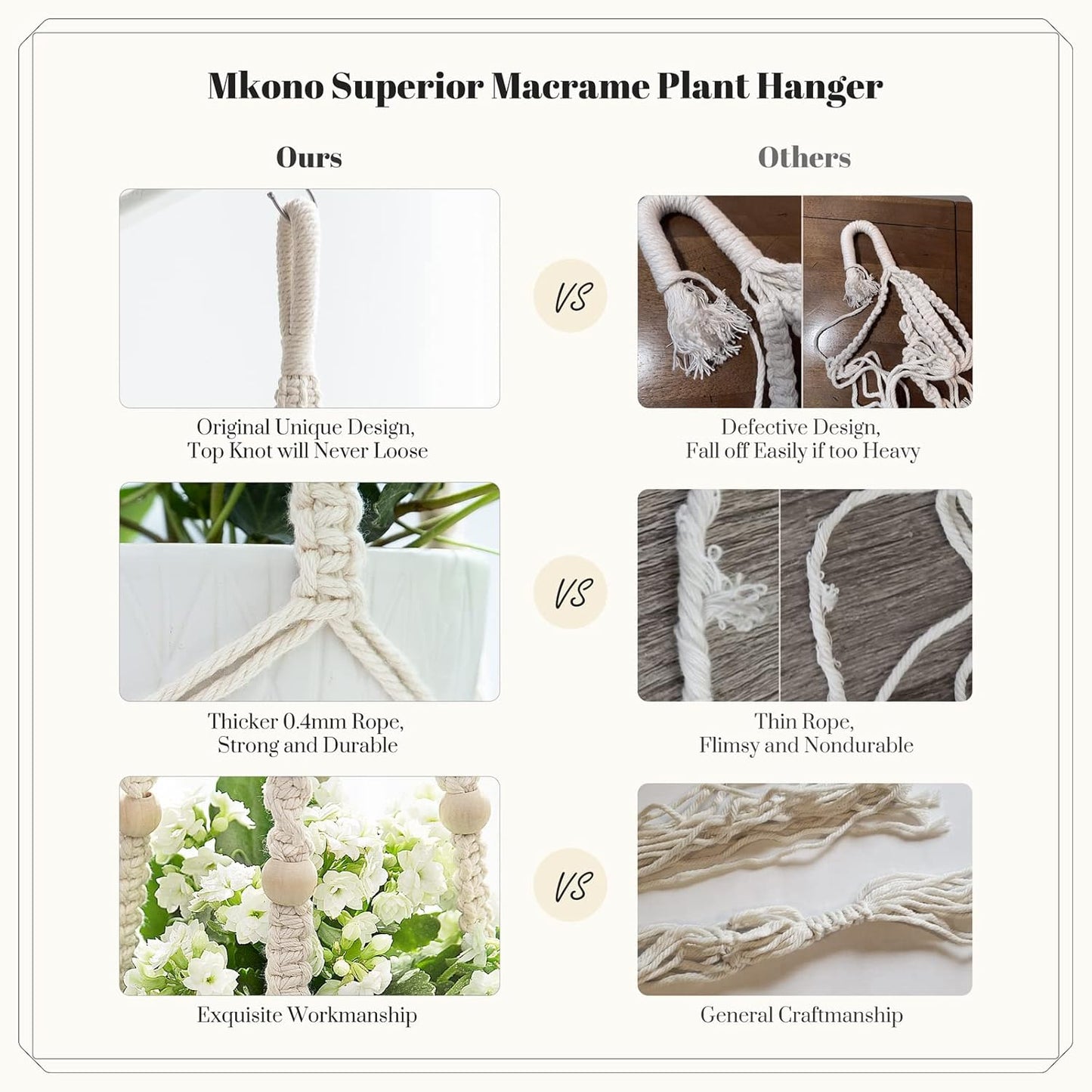 Mkono 3 Pack Macrame Plant Hangers Indoor Different Size Hanging Planter Basket Flower Pot Holder with Beads No Tassels 35"/29"/23", Medium, Brown