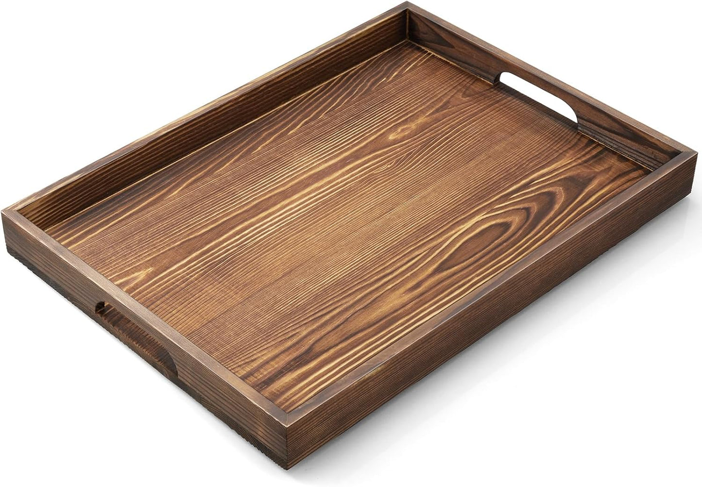 17 Inch Acacia Wood Serving Tray with Handles - Large Wooden Tray for Ottoman, Breakfast in Bed, Dinner, Coffee Table - Decorative Rectangular Tray for Living Room Bedroom Entryway and Kitchen
