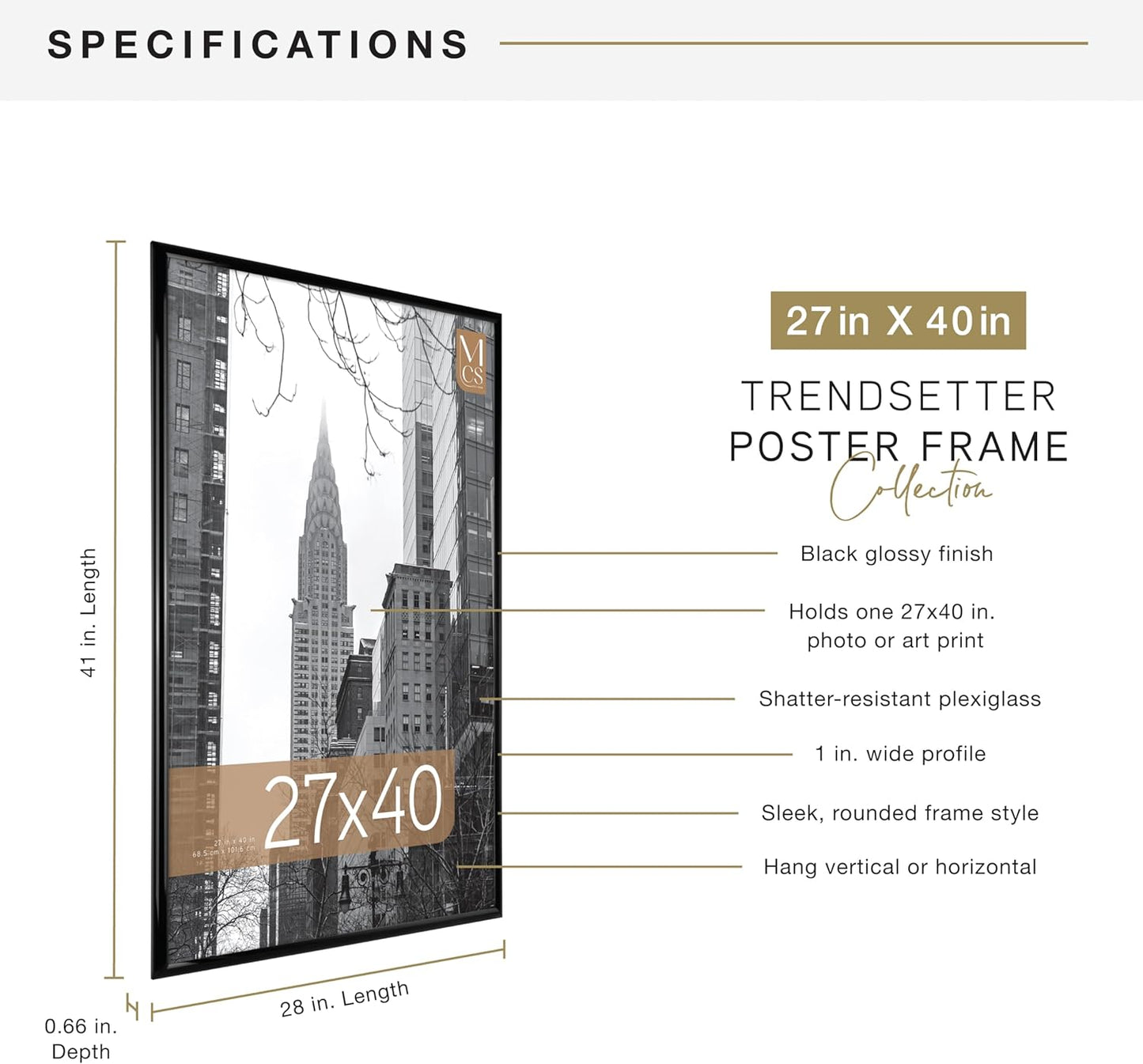 MCS Trendsetter 24x36 Poster Frame Black High-Gloss, Vertical & Horizontal Wall Hanging Large Picture Frame for Photos, Posters & Art Prints (1-Pack)