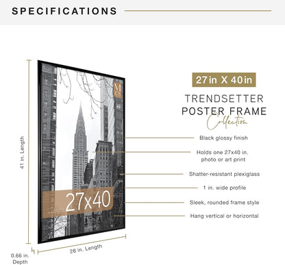 MCS Trendsetter 24x36 Poster Frame Black High-Gloss, Vertical & Horizontal Wall Hanging Large Picture Frame for Photos, Posters & Art Prints (1-Pack)