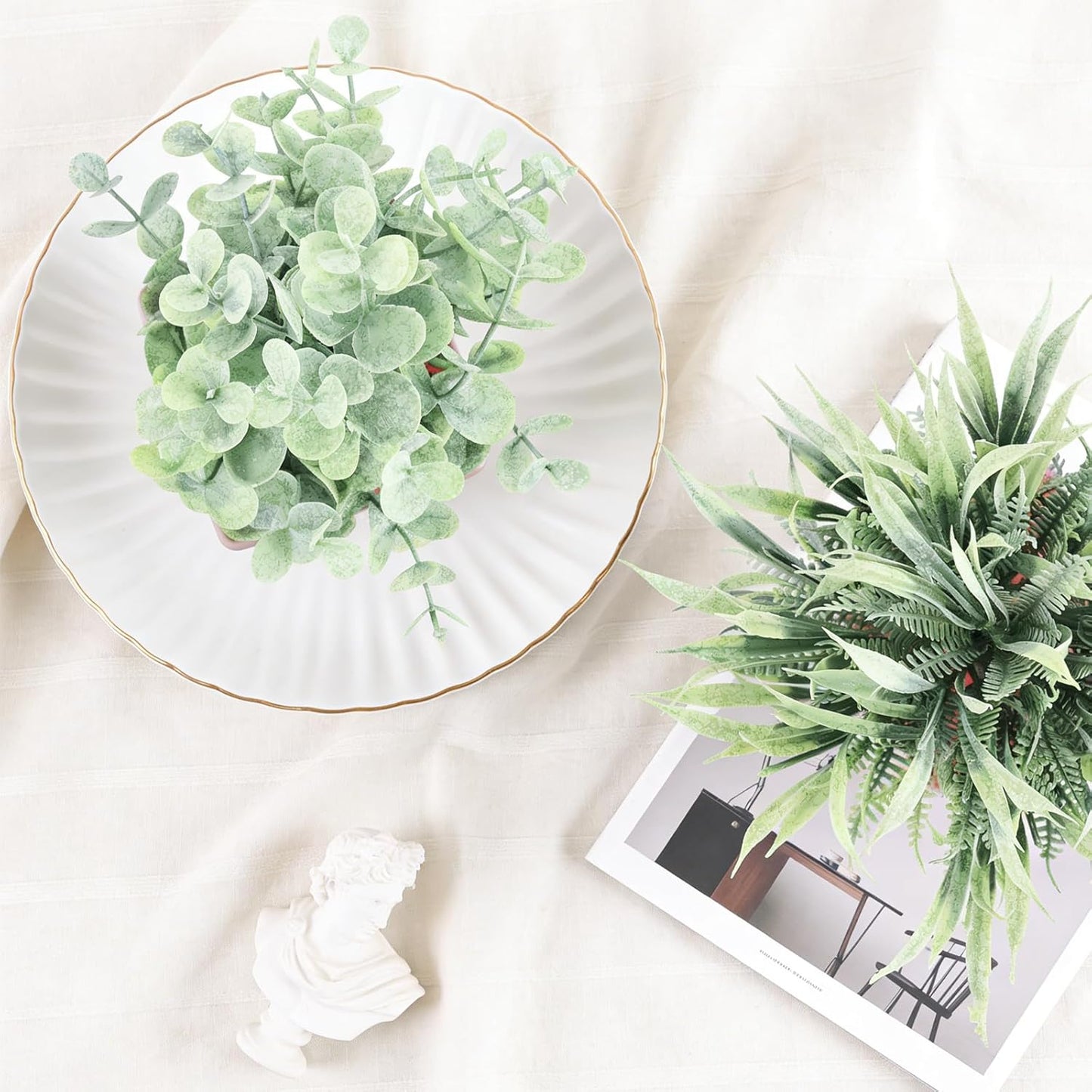 4pcs Fake Small Plants, Artificial Greenery Potted Plant for Home Office Decor, Small Faux Gray Grass Eucalyptus for Bathroom Plants Decoration, Mini Plant Potted Table Shelf Decoration