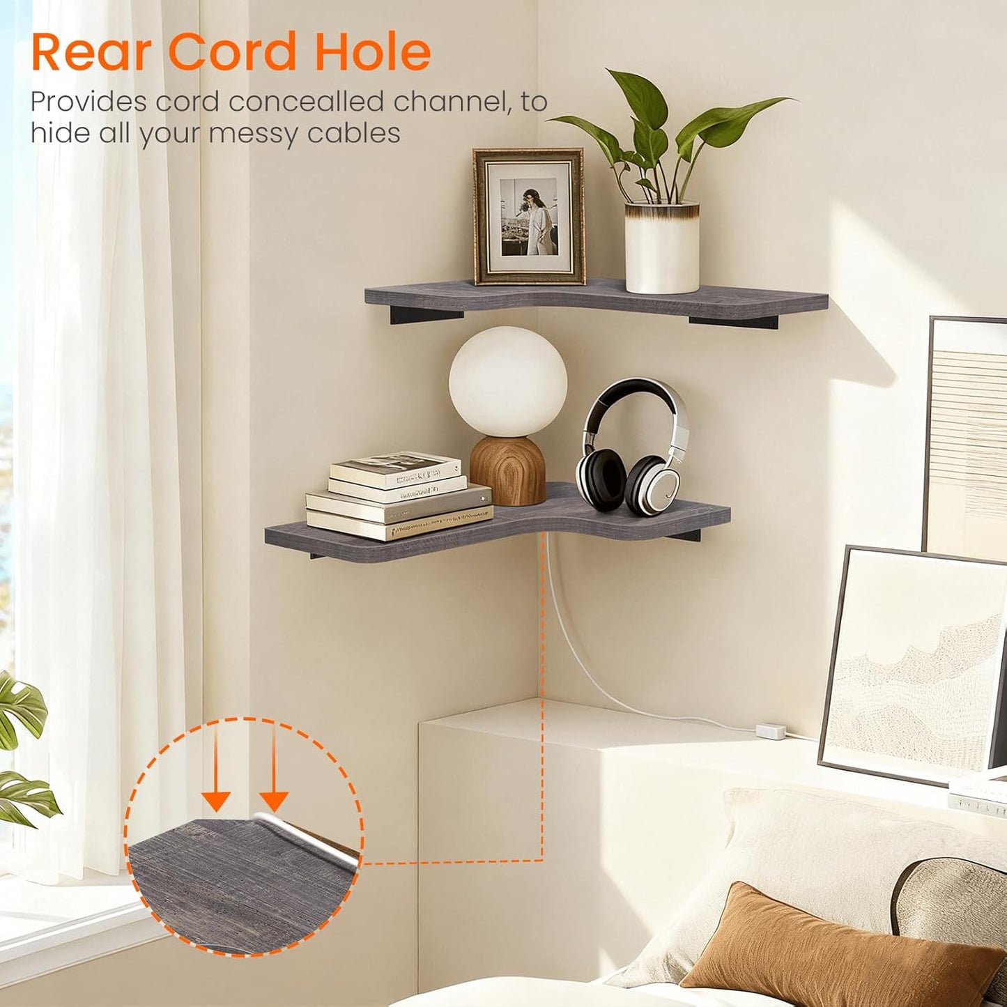 Homode Corner Floating Shelves, Set of 3 Corner Wall Shelves with Wire Hole, L-Shaped Wood Hanging Storage Shelf for Wall Decor, for Bathroom Kitchen Bedroom, White