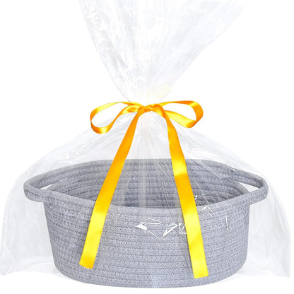 ABenkle Small Basket with Handles, Boho Decorative Rope Woven Dog Cat Toy Storage Bin Shelf Storage Organizer, Easter Christmas Gift Basket, 12"x8"x5", White