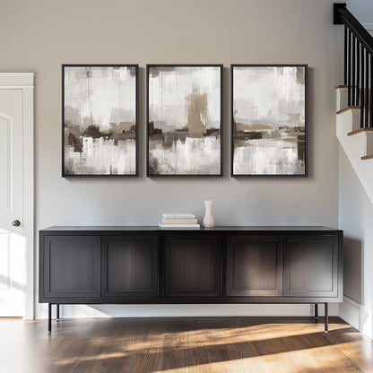 Large Framed Neutral Abstract Wall Art for Living Room, 3 Piece Modern Canvas Prints Paintings Artwork for Walls, Black and Beige Pictures for Living Room Hallway Stair Office Wall Decor 24x36 Inch