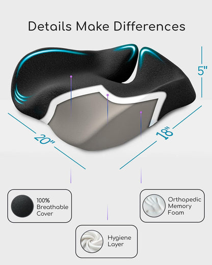 Extra Large Memory Foam Seat Cushions for Office Chairs, Pressure Relief Seat Cushion for Tailbone Pain Relief, Sciatica & Back Pain, Ergonomic Office Chair Cushion for Long Sitting & Driving (Black)
