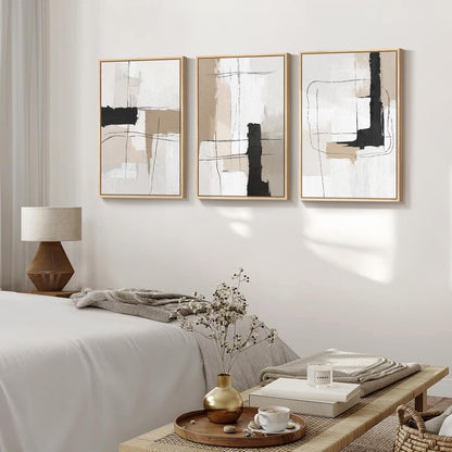 Large Framed Neutral Abstract Wall Art for Living Room, 3 Piece Modern Canvas Prints Paintings Artwork for Walls, Black and Beige Pictures for Living Room Hallway Stair Office Wall Decor 24x36 Inch