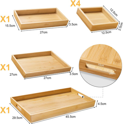 Yangbaga Rustic Wooden Serving Trays with Handle - Set of 7 Rectangular Platters for Entertaining, Breakfast, Coffee Table, Home Decor