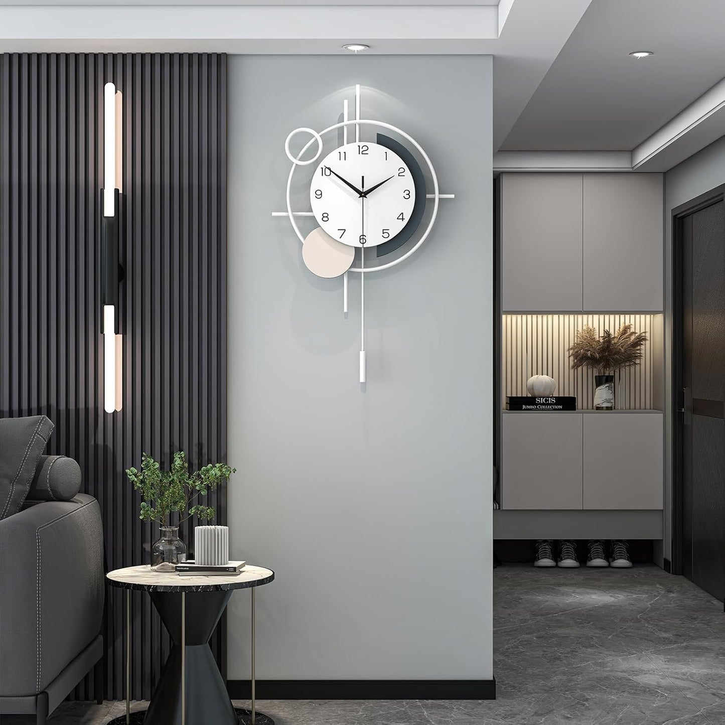Wall Clock for Living Room Decor Decorative Wall Clock with Pendulum Silent Quartz Battery Operated Black Metal Large Clock for Dining Room,Kitchen,Home,Bathroom,Bedroom,13.8x21.3 in