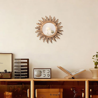 24 Inch Boho Sunburst Mirror, Round Wooden Wall Decor Starburst Sun Mirror for Bedroom, Living Room, Bathroom, Hallway, Balcony, Farmhouse Entryway, Housewarming Gift
