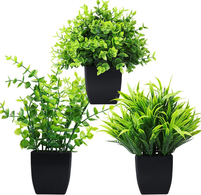 GREENTIME 4 Pack Fake Plants in Black Pot Mini Artificial Eucalyptus Potted Plant Small Faux Grass Greenery Potted for Indoor Home Office Farmhouse Bathroom Table Decoration