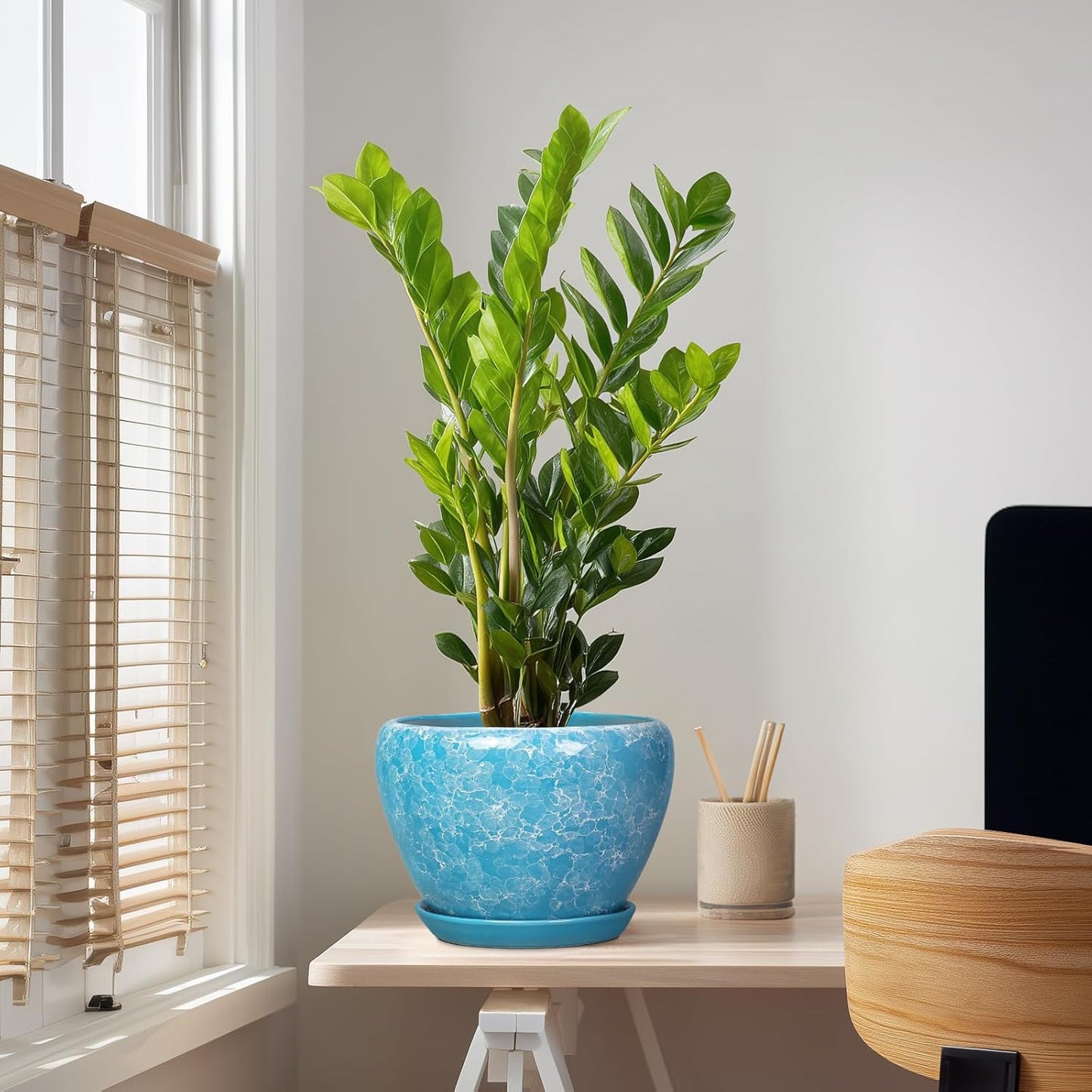 6 Inch Plant Pot - Ceramic Pots for Plants with Drainage Hole and Saucer, Round Succulent Planter Indoor Outdoor, Modern Flower Pot for Snake Plants, Home Decor, Gifts for Plant Lover, Blue
