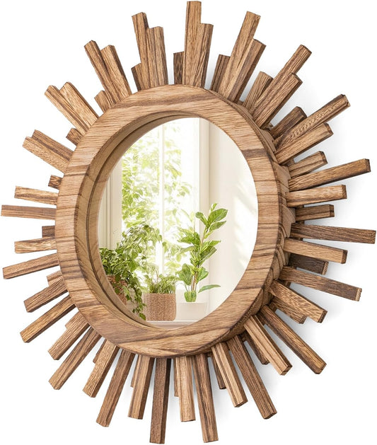 24 Inch Boho Sunburst Mirror, Round Wooden Wall Decor Starburst Sun Mirror for Bedroom, Living Room, Bathroom, Hallway, Balcony, Farmhouse Entryway, Housewarming Gift