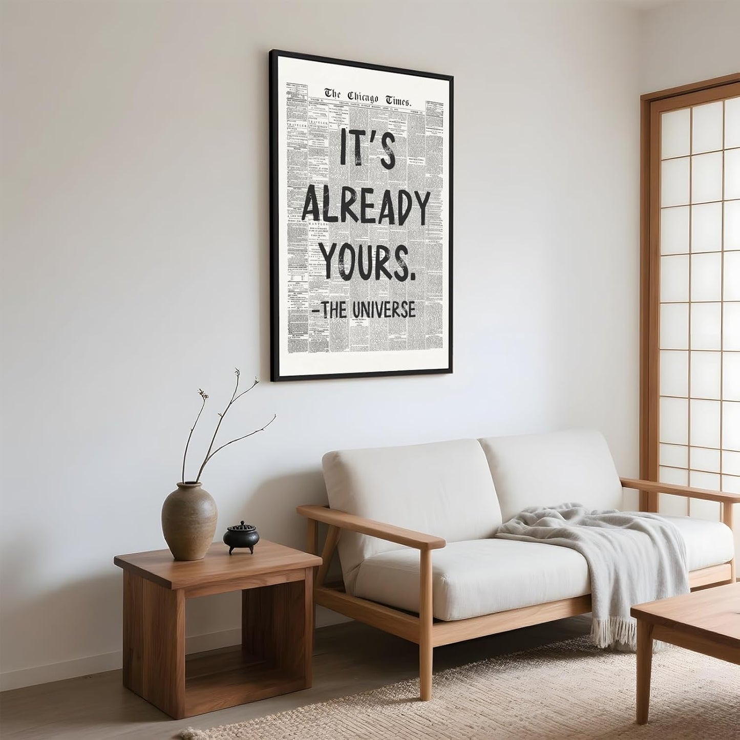 Framed Black And White Retro Newspaper Wall Art ItS Already Yours Universe Quote Poster Trendy Positive Inspirational Wall Decor for Bedroom Office Apartment Dorm Affirmation Canvas Print 8x12inch