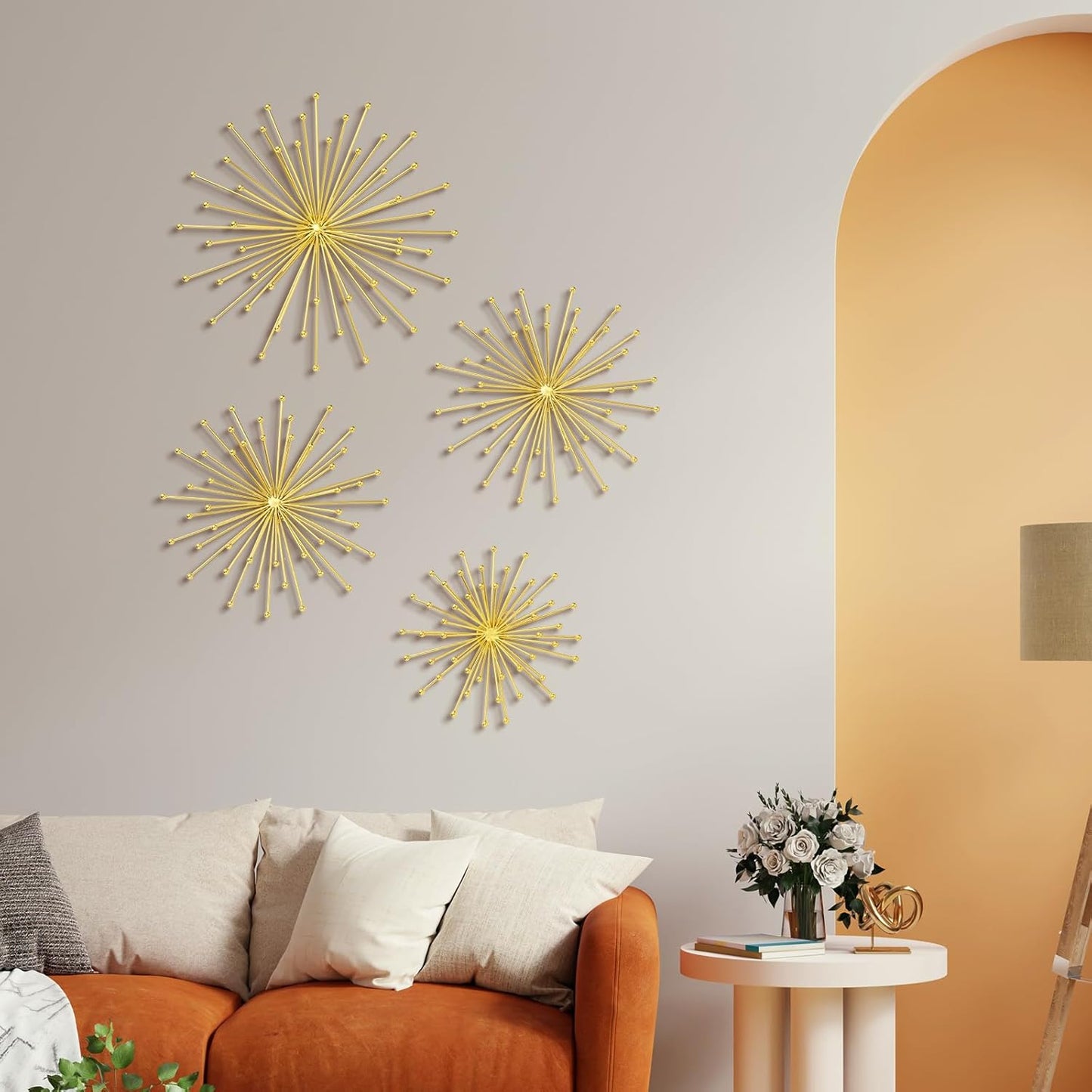 Shimeyao 4 Pcs Metal Starburst Wall Decor Black Metal Wall Art 3D Spike Bling Finish Star Burst Hangings Accents Sculptures Set Modern Mid Century Decorations for Living Room Bedroom Entryway