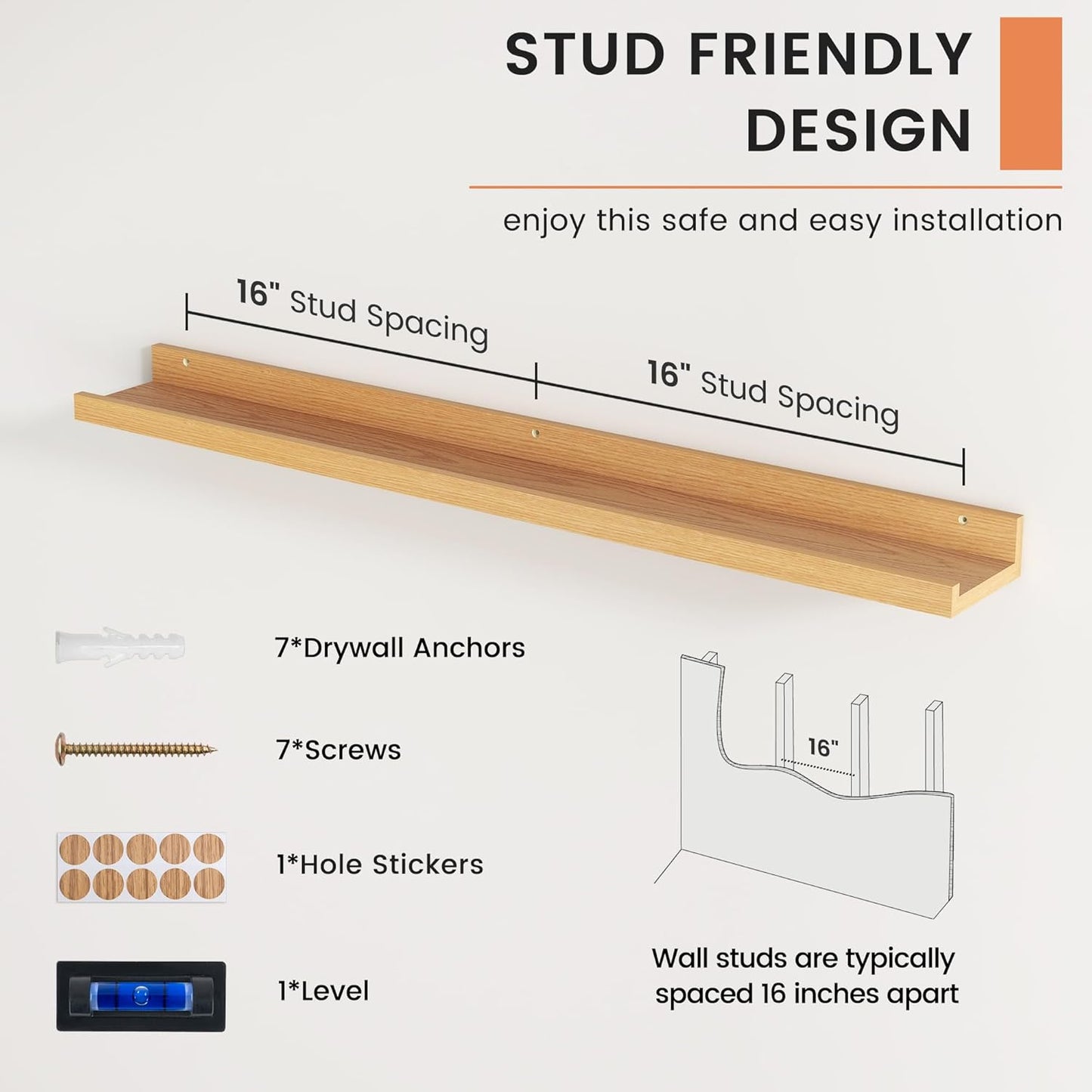 FLYJOE Picture Ledge Shelf, Floating Shelves Set of 2, 48 Inches Long Large Nursery Book Shelves for Toys Storage, Kids Bookshelf Wall Mounted for Living Room Bedroom Decor Books Photo Frames, Walnut