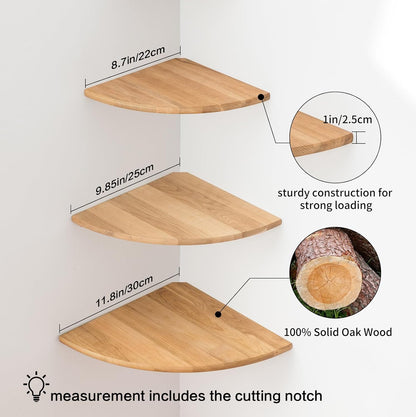 Corner Shelves, Floating Corner Shelf, Set of 2 7inch Solid Oak Wood Wall Shelves, Round End Wall Mount with Wire Hole Shelving for Small Plant for Bedroom Kitchen, Living Room