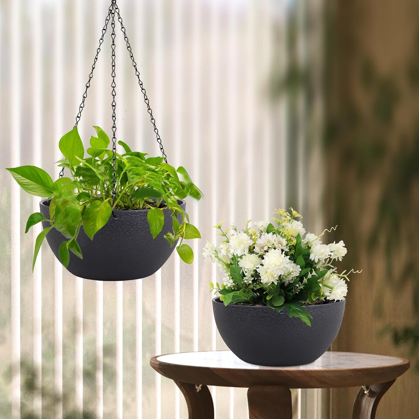 Meowell 10 inch Hanging Planters for Indoor Outdoor Plants, 2 Pack Hanging Flower Pots with Drainage Holes and Chain for Garden Porch, Plastic Hanging Baskets for House Plants, Speckled Grey