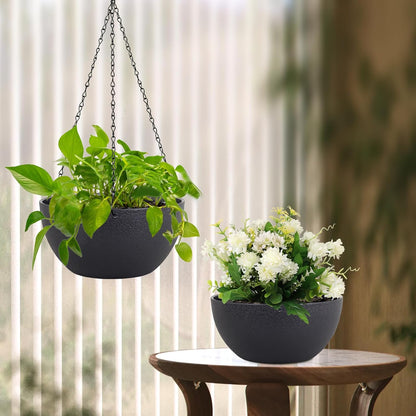 Meowell 10 inch Hanging Planters for Indoor Outdoor Plants, 2 Pack Hanging Flower Pots with Drainage Holes and Chain for Garden Porch, Plastic Hanging Baskets for House Plants, Speckled Grey