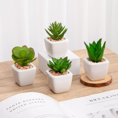 Briful Mini Fake Plants 4 Packs Succuletns Artificial Potted Plants in Cube Glass Vase Faux Succulents for Bathroom Living Room Kitchen Shelf Table Decor