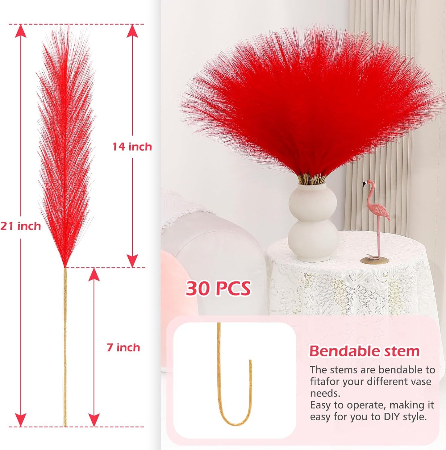Pampas Grass Decor 30 Pcs 21.7 Inch Faux Brown Pampas Grass Bulk Artificial Dried Flowers Small Vase Filler Pompas Grass.