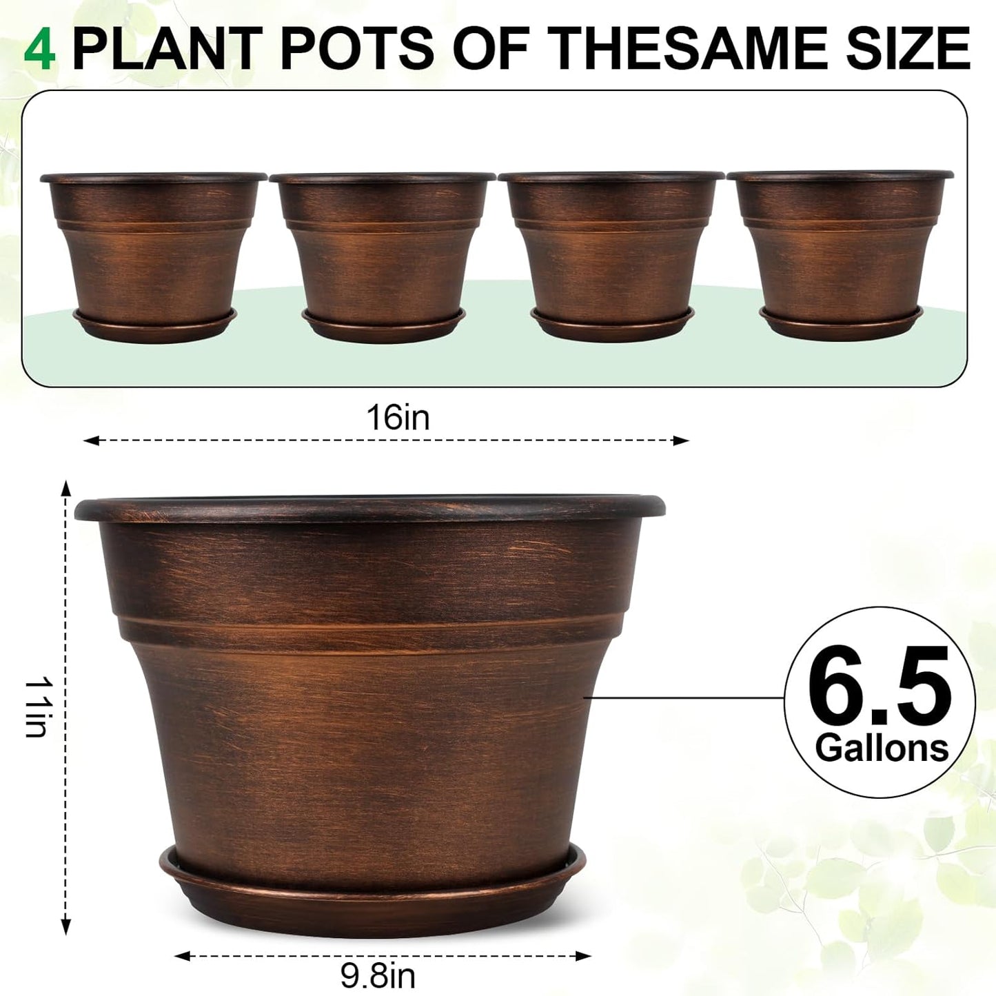 Fodetyff 10 Inch Planters Plant Pots Indoor Outdoor, 4 Pack Plastic Flower Pot for Indoor Plants with Drainage Holes & Trays, Resin Decorative Container Sets with Saucer for House Garden Copper