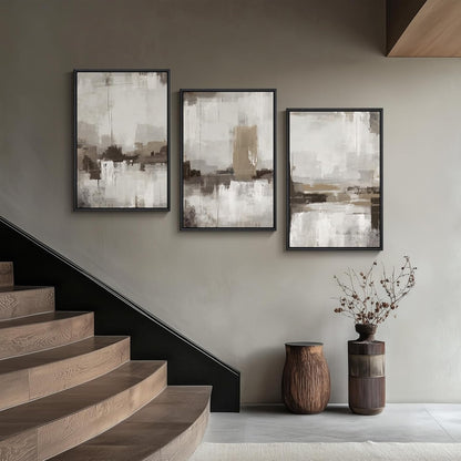 Large Framed Neutral Abstract Wall Art for Living Room, 3 Piece Modern Canvas Prints Paintings Artwork for Walls, Black and Beige Pictures for Living Room Hallway Stair Office Wall Decor 24x36 Inch