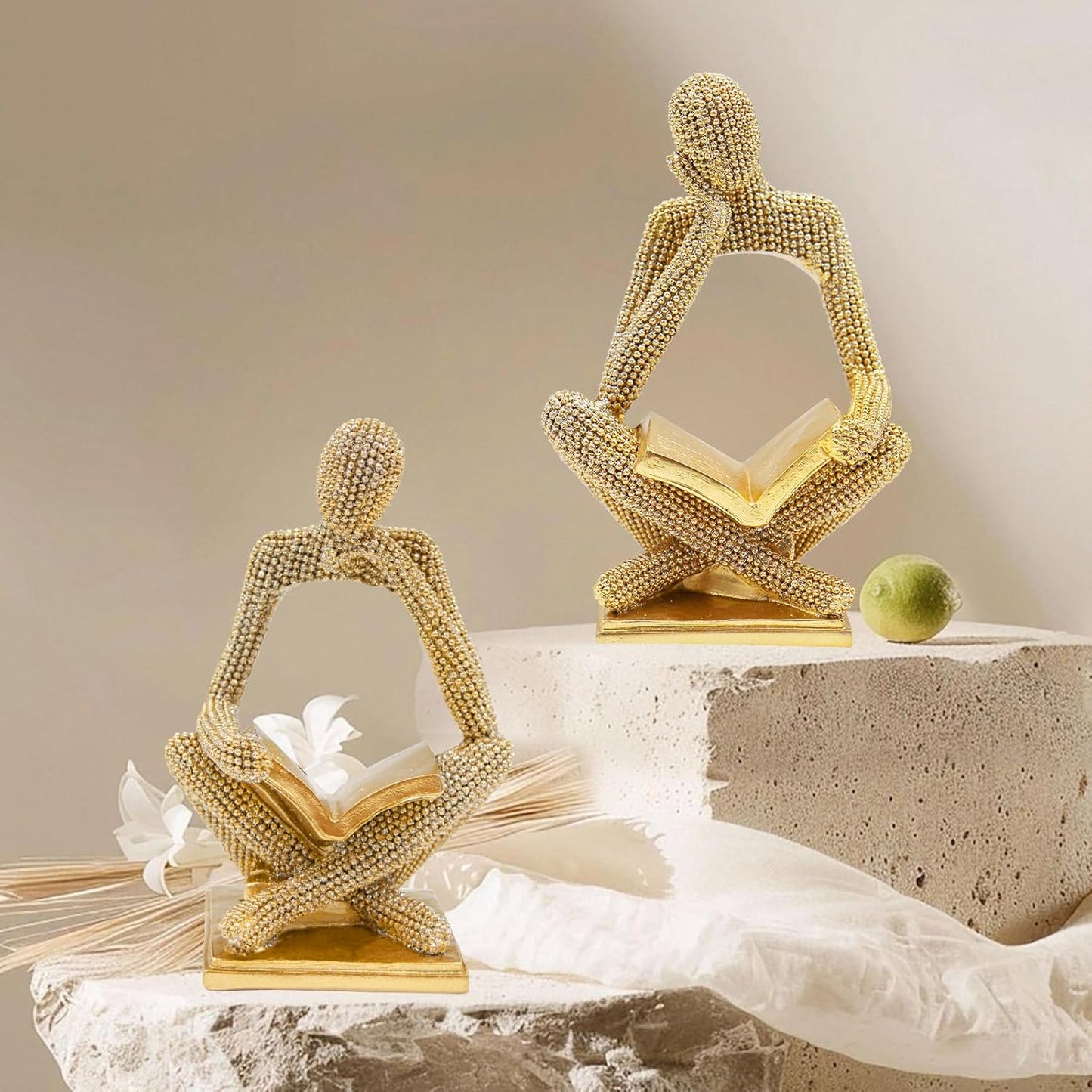 Sparkling Gold Reading Women Statue, Thinker Sculptures, Abstract Art Ornament, Modern Aesthetic Figurine Decoration for Home Living Room Bedroom Office Shelf Table Desk Bookshelf Decor