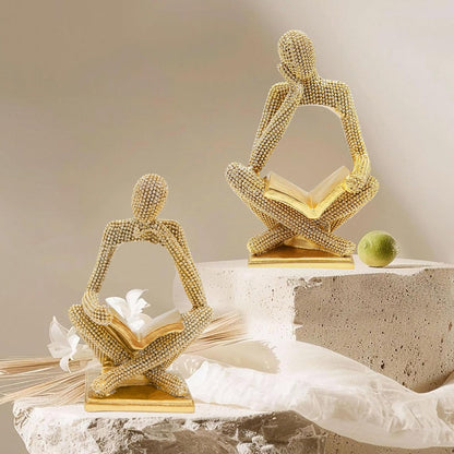 Sparkling Gold Reading Women Statue, Thinker Sculptures, Abstract Art Ornament, Modern Aesthetic Figurine Decoration for Home Living Room Bedroom Office Shelf Table Desk Bookshelf Decor