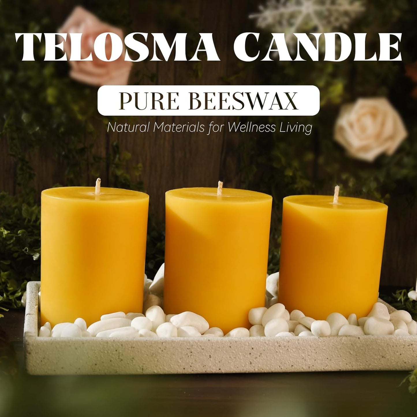 Set of 3 Natural Beeswax Pillar Candles - 3 inch Wide (3 inch 4inch 6inch Tall) - 100% Pure Bees Wax Candles, Long Burning, Unscented Smokeless & Dripless, for Emergency, Home Decor