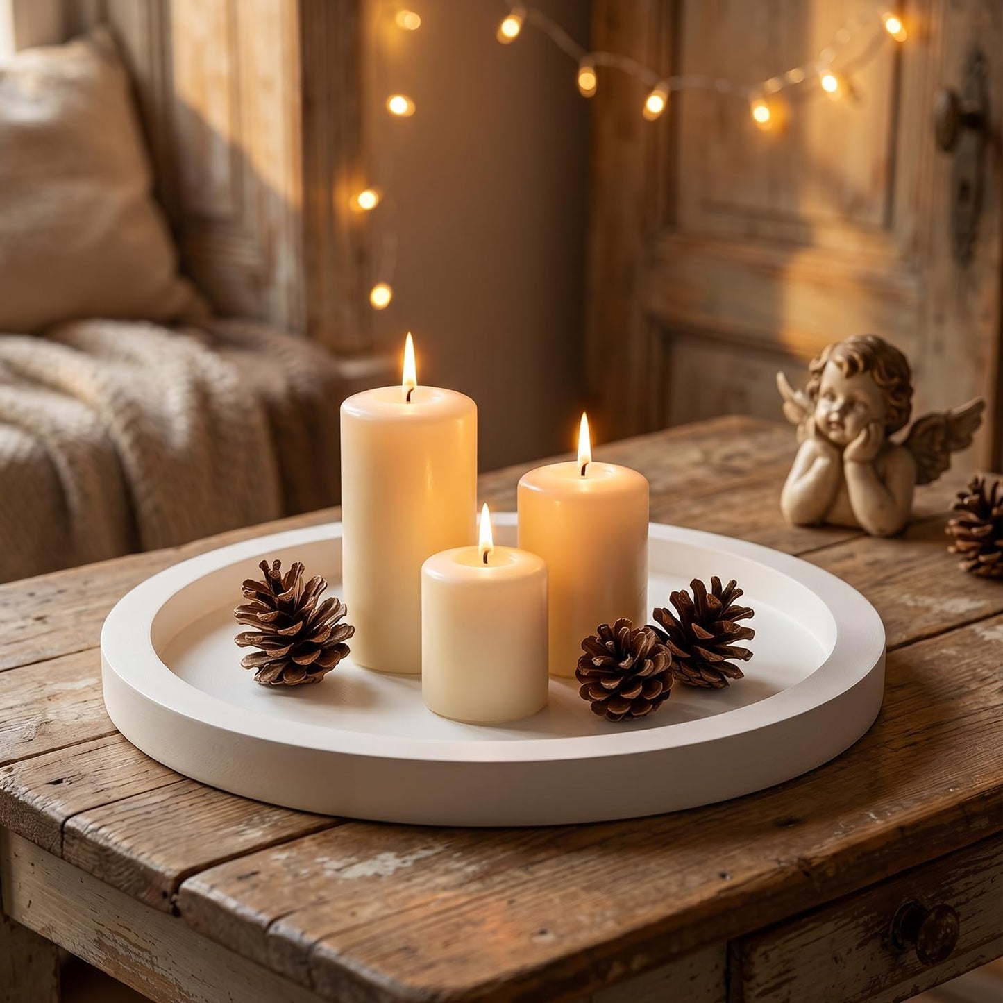 Round Decorative Tray for Coffee Dining Table Countertop Small Wooden Serving Trays Farmhouse Kitchen Home Living Room Decor and Bathroom Accessories Tray Black Rustic Wood Candle Centerpiece Trays
