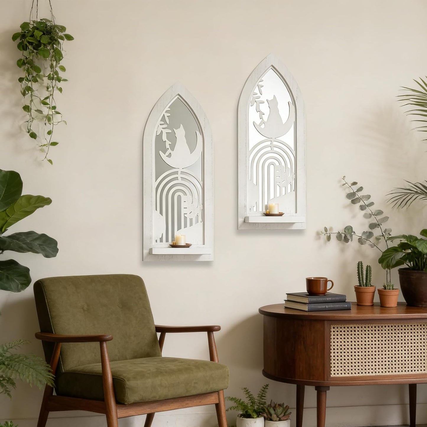 Wood Wall Sconce Candle Holder Set 2, Rustic Wall-Mount Candle Holders, Farmhouse Hanging Wall Décor, Carved Wood Frame, Mirrored Candle Holder (Distressed White)