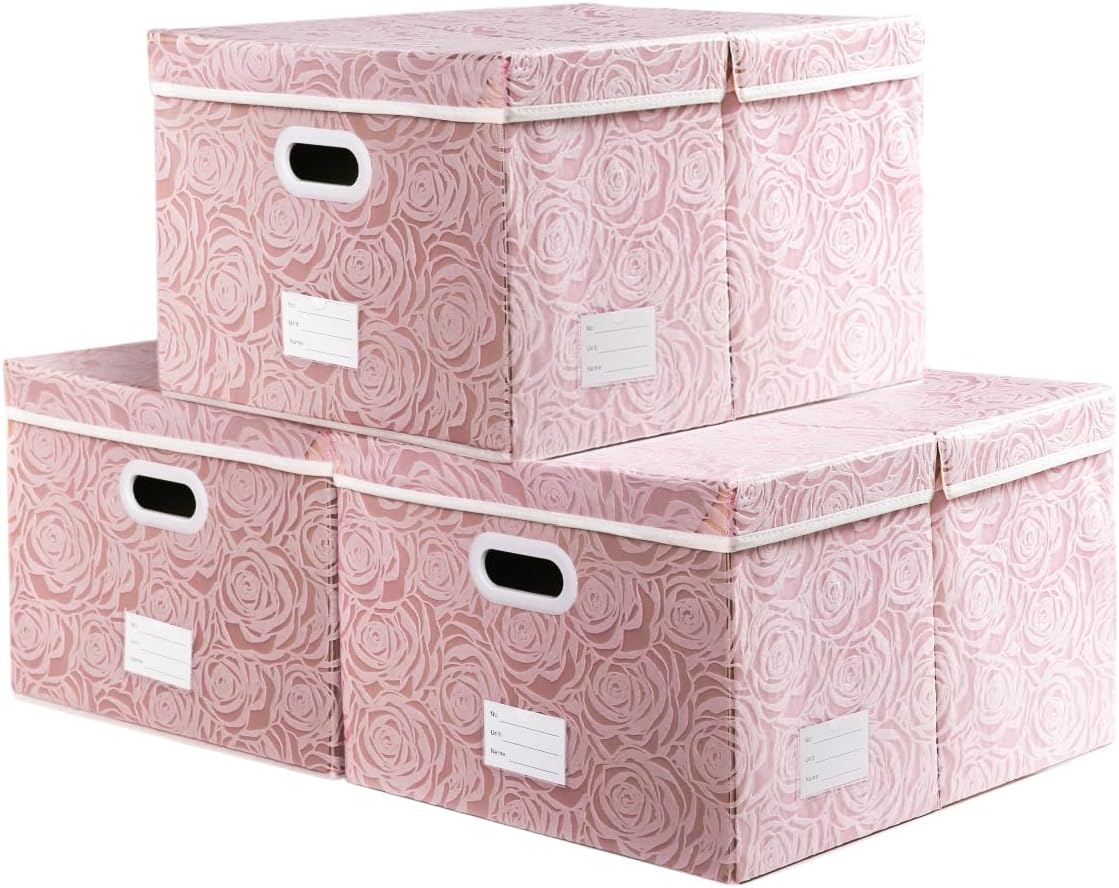 PRANDOM Larger Collapsible Storage Bin with Lid [1-Pack] Fabric Decorative Storage Box Cube Organizer Container Baskes with Handles Divider for Bedroom Closet Living Room Pink 17.7x11.8x11.8 Inch