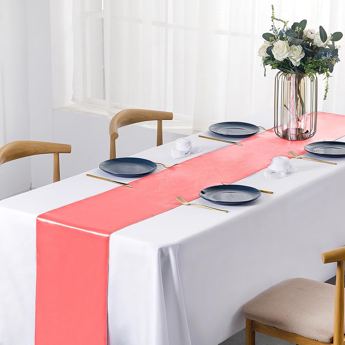 SiinvdaBZX 4 Pcs Royal Blue Satin Table Runner 12 x 108 inches Long, Bright Smooth Satin Wedding Table Runner Decorations for Birthday Parties, Buffet, Banquets, Graduations, Engagements