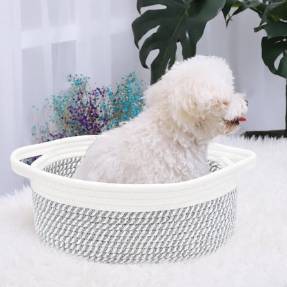 ABenkle Small Basket with Handles, Boho Decorative Rope Woven Dog Cat Toy Storage Bin Shelf Storage Organizer, Easter Christmas Gift Basket, 12"x8"x5", White