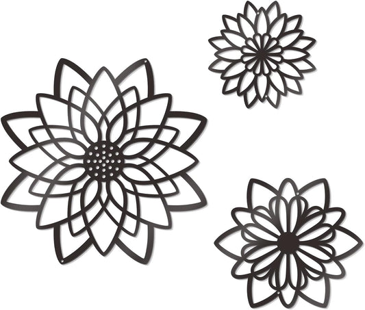 Zzbakress 3 Pieces Metal Flowers Wall Decor, Black Wall Decors, Flower Art Wall Decor Farmhouse Wall Decoration Multiple Flowers Hanging Decor for Bathroom Living Room Garden Office (Black Elegant)